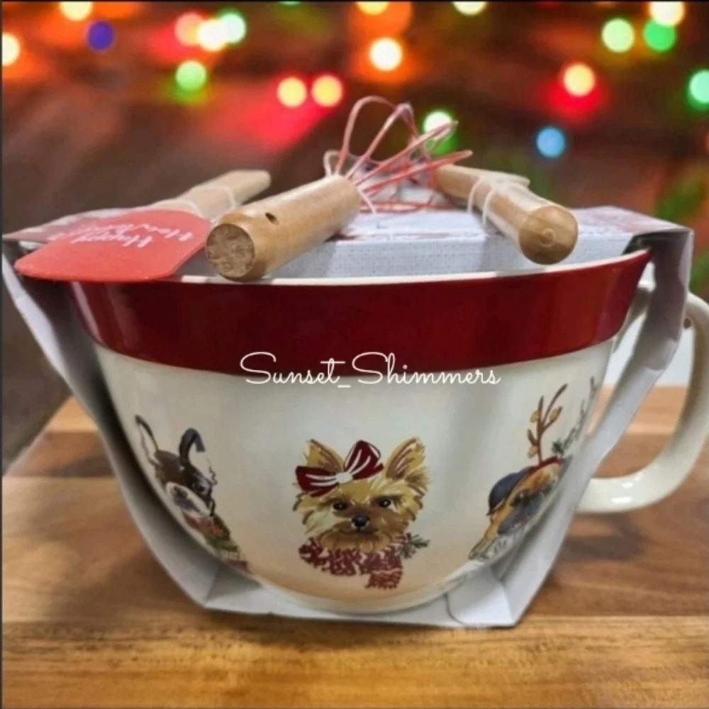 4pc Christmas Pug Boston Terrier Lab Yorkie Dog Mixing Bowl Spatula Spoon Wisk